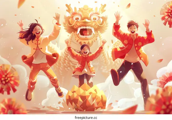 Happy Chinese New Year. A family of three is celebrating Chinese New Year.