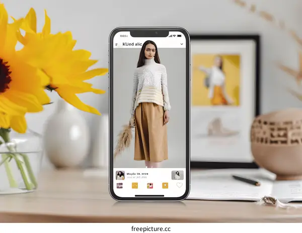 Mobile Phone Screen Showing Woman Wearing Knitted Sweater