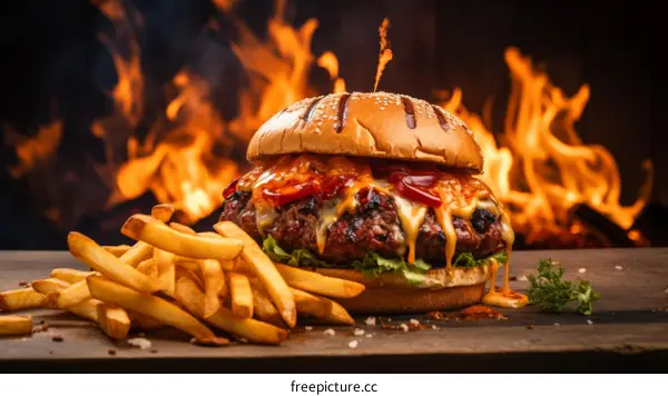 A delicious cheeseburger with fries on a wooden table with fire in the background
