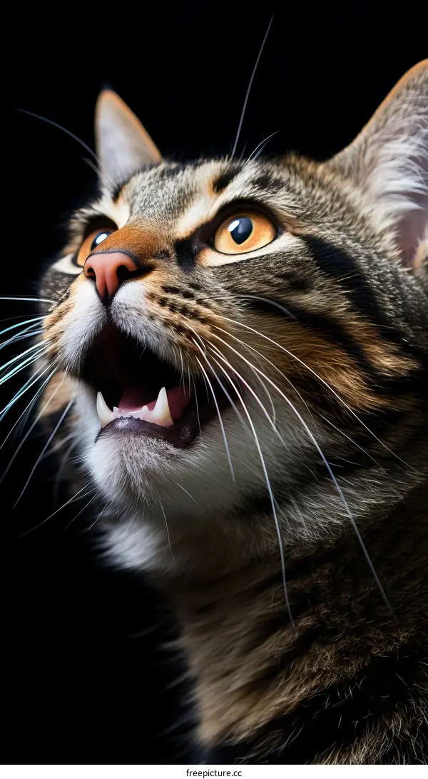 A ginger cat looking up with mouth open