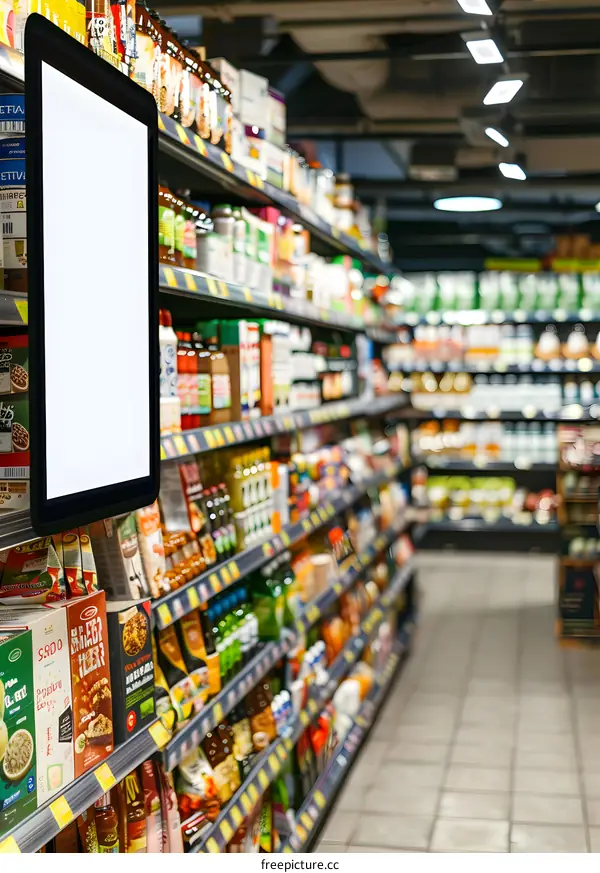 Grocery Store Aisle with Blank Digital Signage