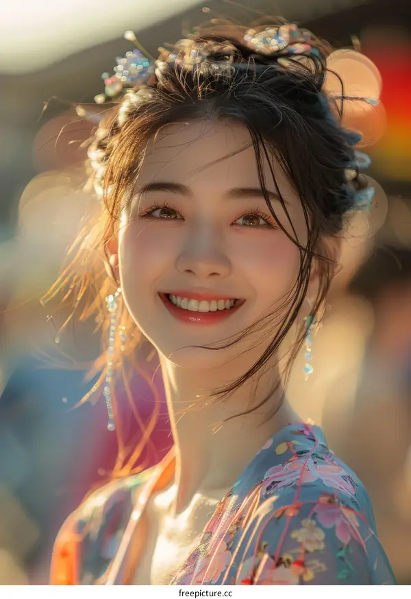 Portrait of a smiling Asian woman with long dark hair wearing a traditional Chinese dress