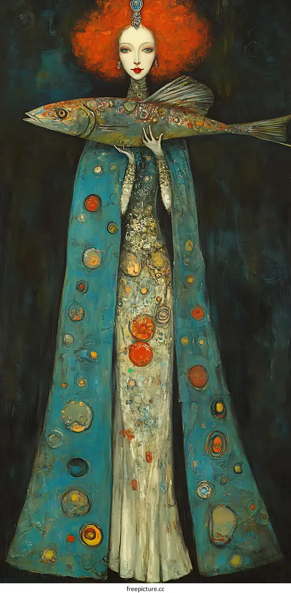 Red Haired Woman Holding A Fish  Illustration