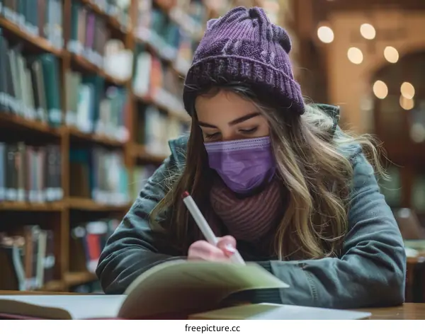 Young woman wearing a mask studying in a library