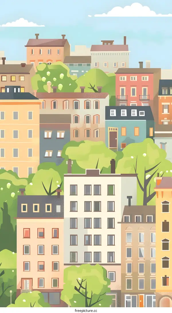 Illustrated Cityscape with Buildings and Trees
