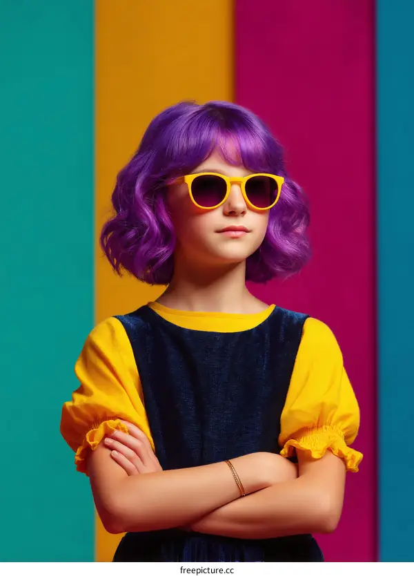 Stylish Girl with Purple Hair and Yellow Sunglasses