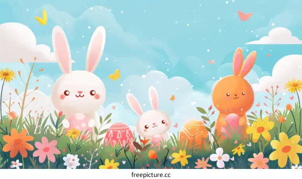 Three cute rabbits in a field of flowers