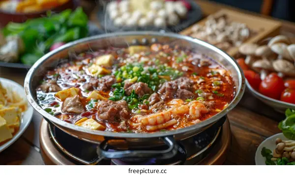 Scrumptious Sichuan Hot Pot with Beef, Shrimp, Tofu, and Veggies