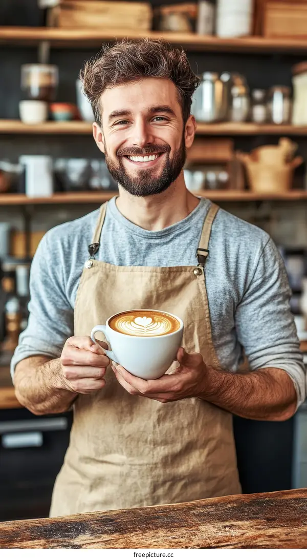 Smiling Barista Holding Latte Art Coffee Cup in Cafe