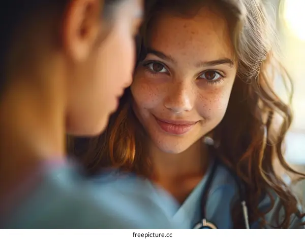 Close-up portrait of a smiling young female doctor with freckles on her face