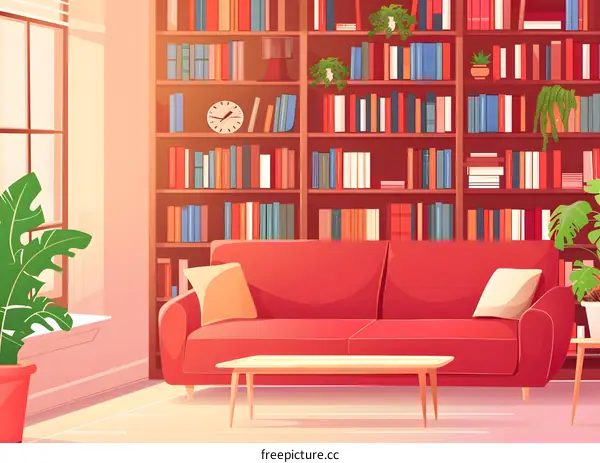 Red Sofa and Bookshelves in Living Room Interior Design