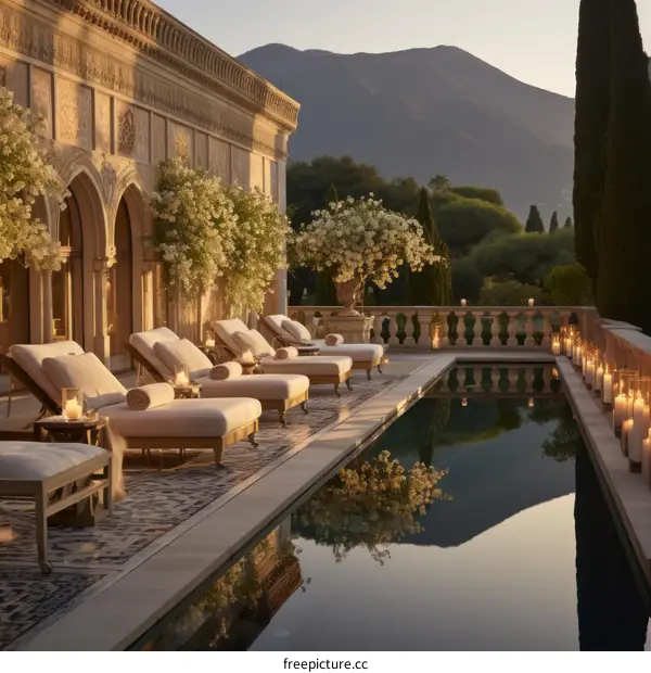A luxurious swimming pool with a view of the mountains
