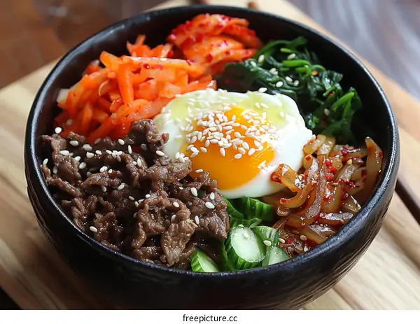 Korean Traditional Food Bibimbap with Beef, Egg, Green Vegetables, Carrot and Radish in Bowl