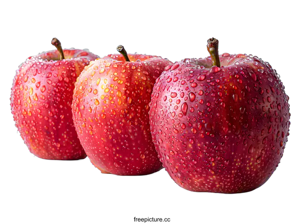 [Transparent Background PNG]Three Red Apples with Water Droplets on White Background