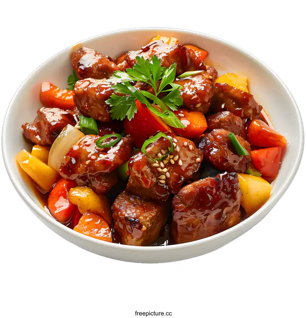 [Transparent Background PNG]Sweet and sour pork with vegetables in a bowl