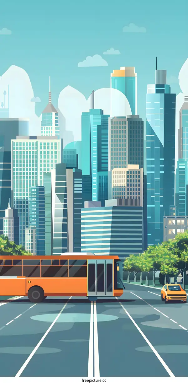 Cityscape with Bus and Car on Road