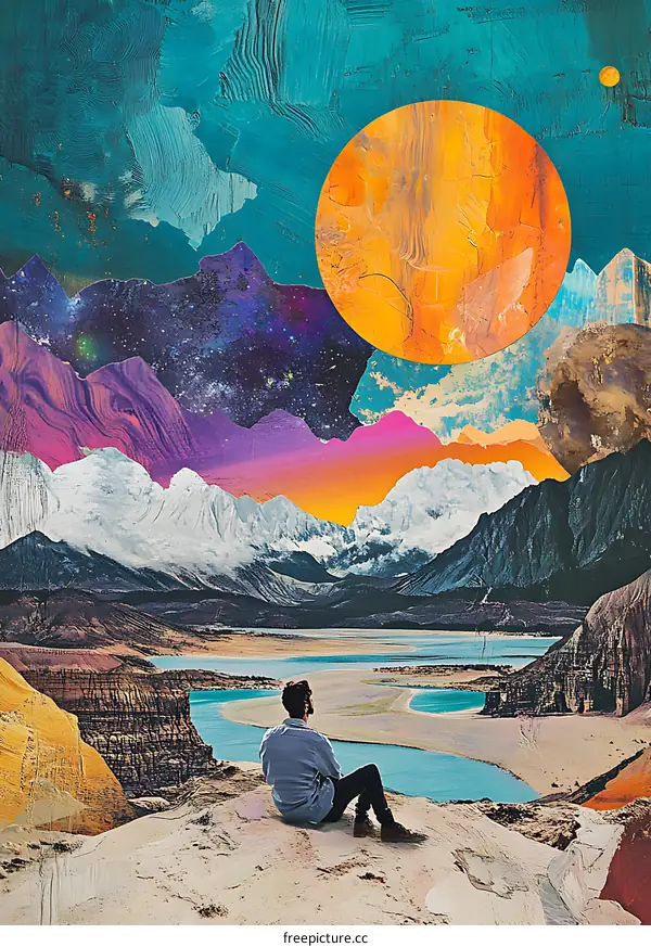 Man Sitting on a Mountain Peak and Looking at the Distant Landscape with a Large Orange Moon