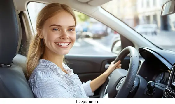 Smiling Woman Driving a Car in City