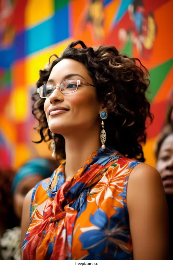Portrait of a young woman with curly hair and glasses in front of a colorful mural