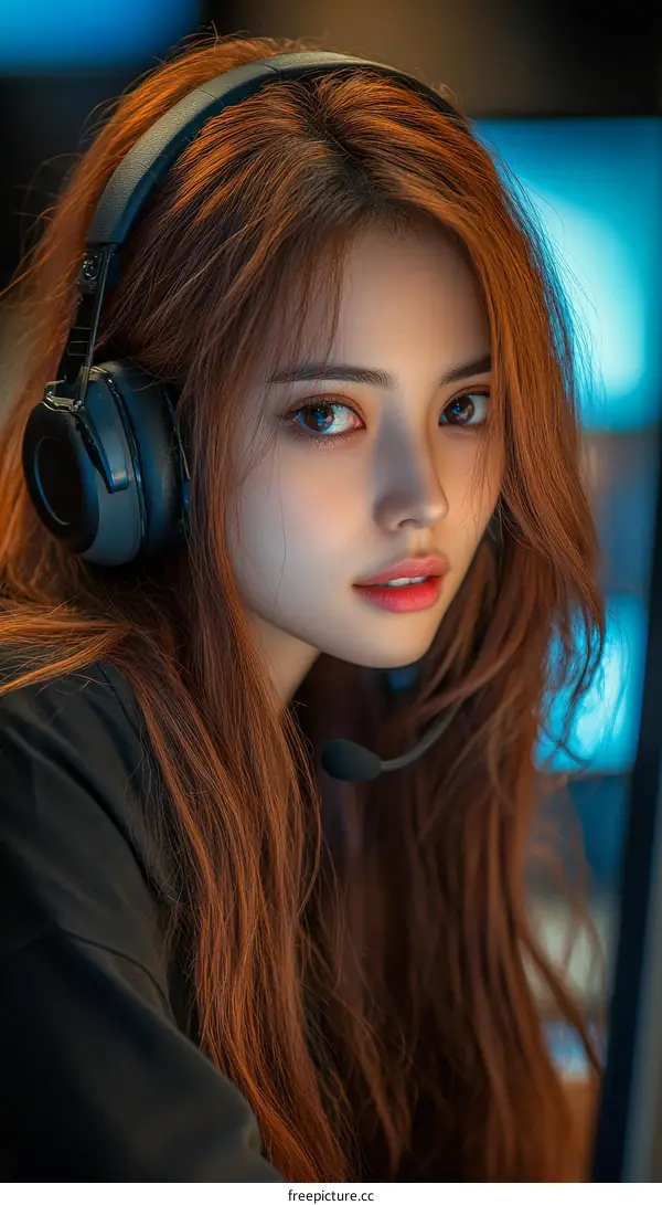 Close Up Asian Woman Wearing Headphones and Microphone