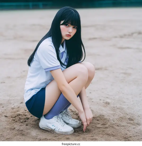 Asian Girl in School Uniform on Outdoor Court