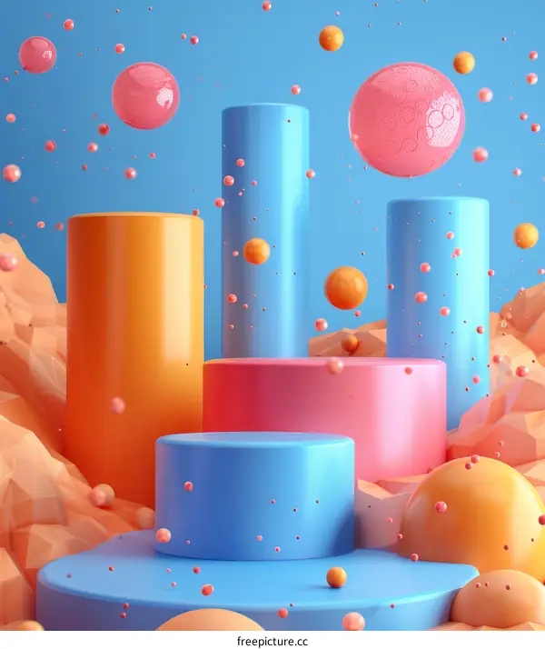 3D Rendering of Pink and Blue Geometric Shapes on Podium