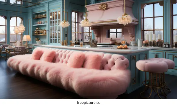 pink and blue kitchen with a pink fur sofa