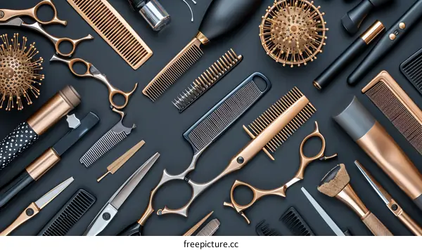 Hairdressing tools and accessories on a black background. Top view. Hairdresser's workplace.