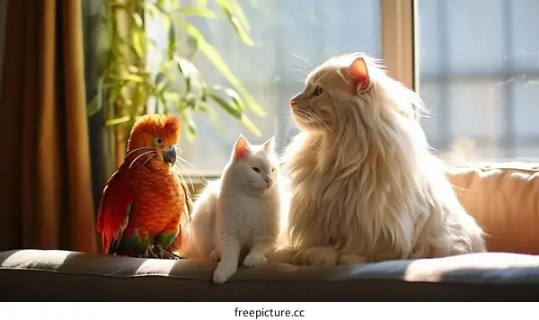 A ginger parrot and two white cats sitting on a couch