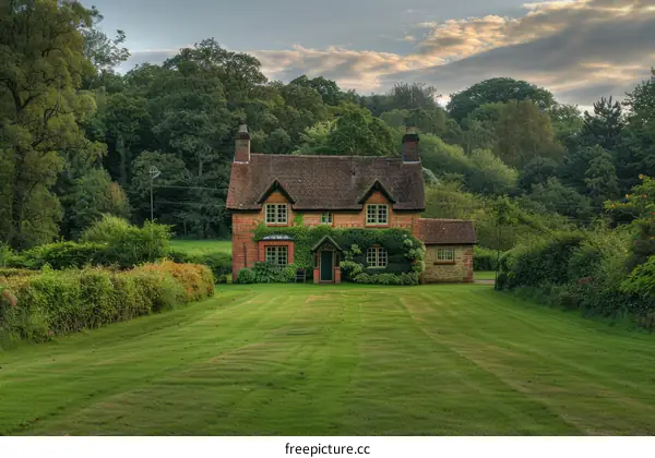 An English country cottage surrounded by trees and a large green lawn