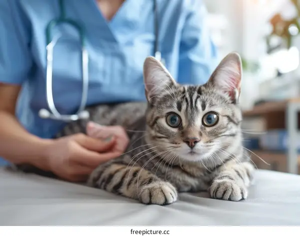 Close up of a cute tabby cat at the vet getting a checkup