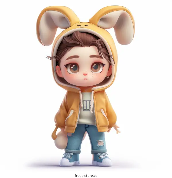 3D illustration of a cute chibi boy wearing a yellow hoodie with bunny ears