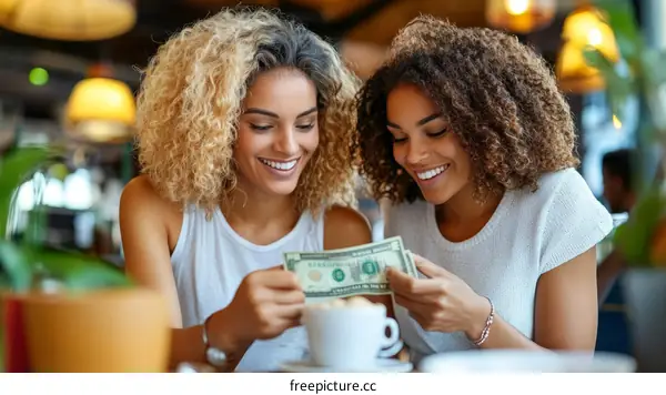 Two Women Sharing Money in a Cafe