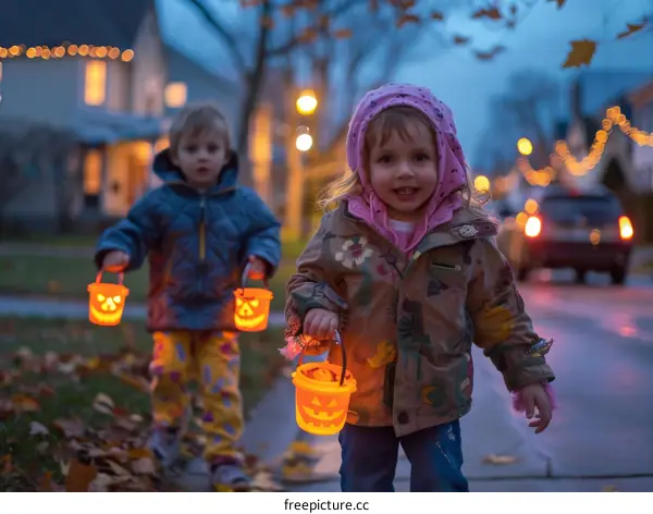 Two children trick-or-treating at night