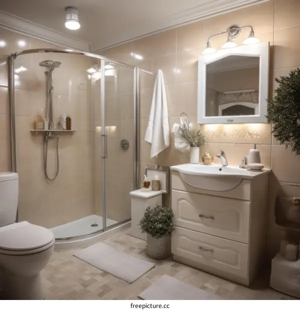 beige bathroom interior with corner shower and vanity