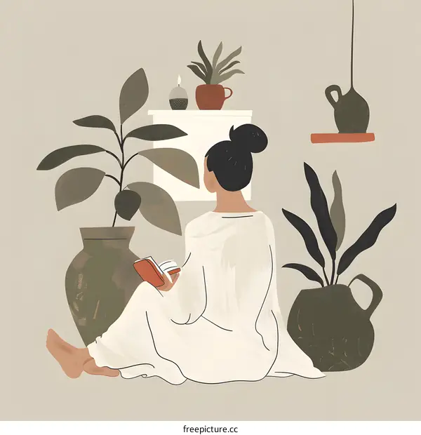 Woman Reading a Book in a Room Filled with Plants