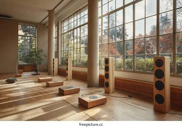 The wooden speakers are placed in the room with large windows and wooden floor