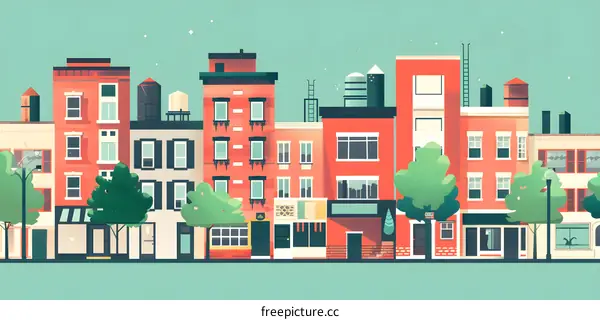 Colorful Illustration of City Street with Buildings and Trees