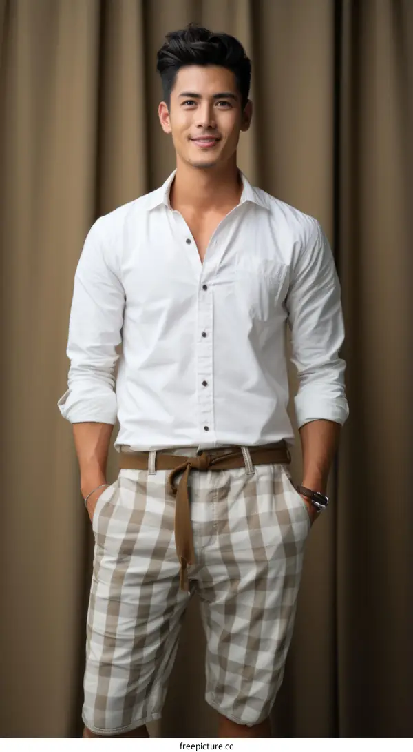 Asian man wearing white shirt and brown checkered shorts