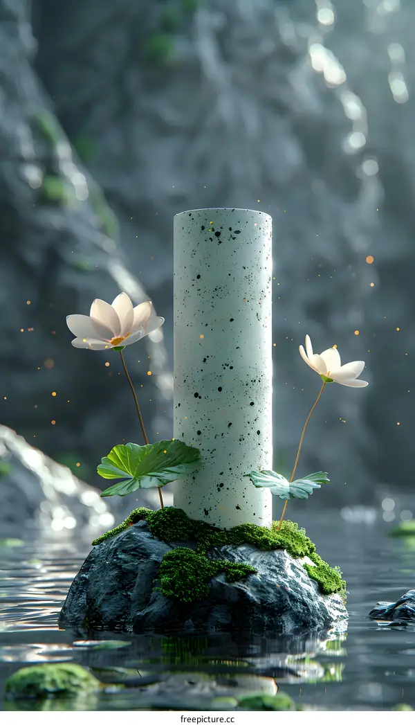white cylinder with lotus flowers on rock in water