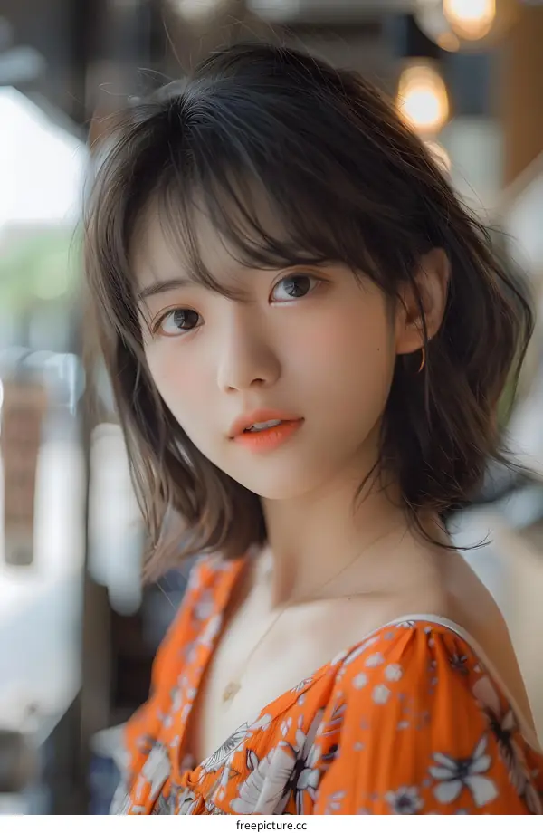 Beautiful Asian Girl With Short Brown Hair Wearing Orange Floral Dress Looking At Camera