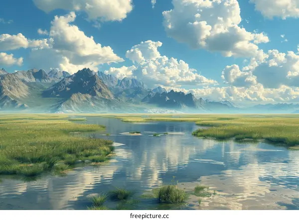 Serene Mountain River Landscape with Clouds
