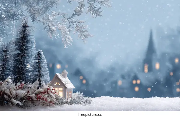 Snowy Christmas Village Scene with Decorated Trees