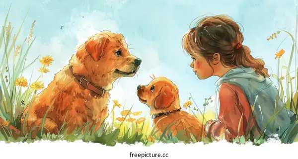 girl playing with two dogs in a field of flowers