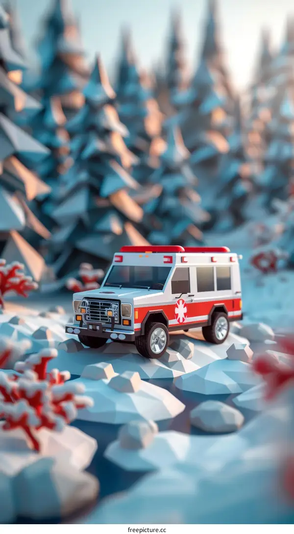 Ambulance in the snow surrounded by trees