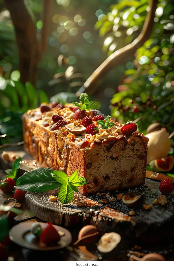 Close up of a delicious homemade fruitcake with nuts and berries