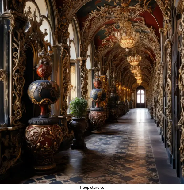 ornate hallway with marble floor and gold decorations