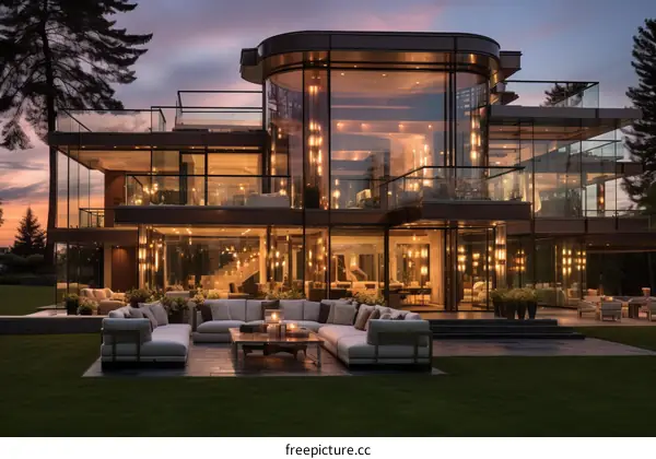 The modern glass house with amazing interior design