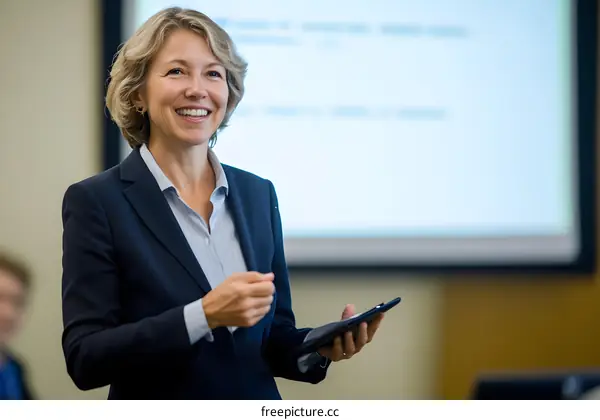 Smiling Businesswoman Giving Presentation at Meeting