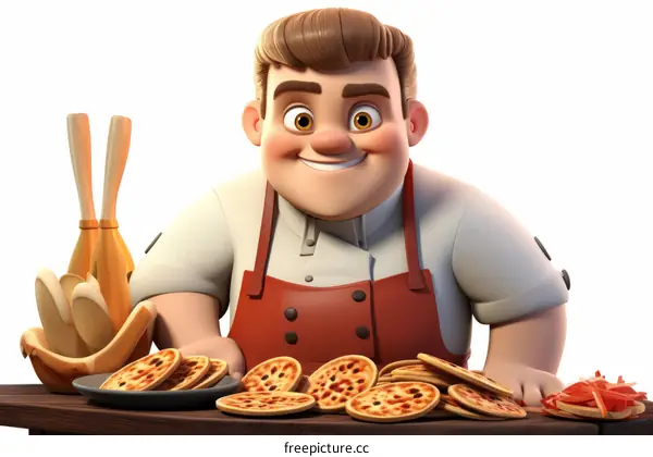 Chubby smiling chef mascot holding a plate full of pizzas